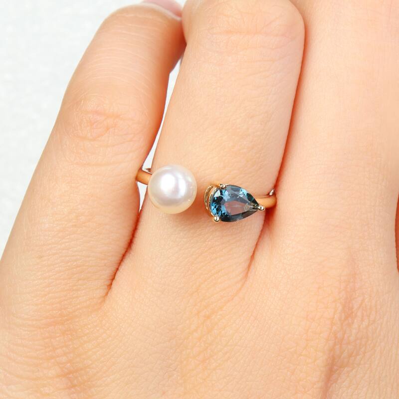 Miadora 7/8ct TGW Pear-Cut London Blue Topaz Cultured Freshwater Pearl Ring 10k Yellow Gold