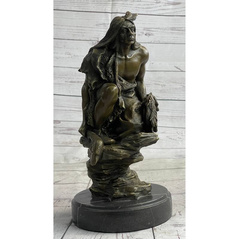 Native American Indian Warrior Squatting On Rock Bronze Sculpture Statue Marble Base