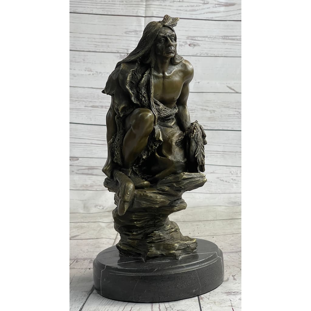 Native American Indian Warrior Squatting On Rock Bronze Sculpture Statue Marble Base