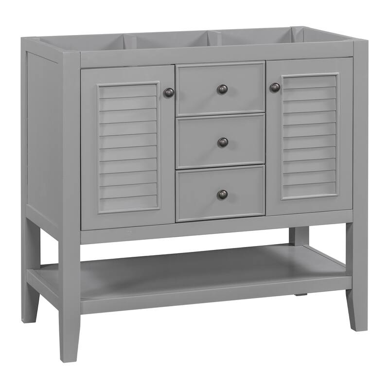 (Base Only) 36" Bathroom Vanity without Sink, 2 Cabinets and Drawers, Open Shelf - Grey