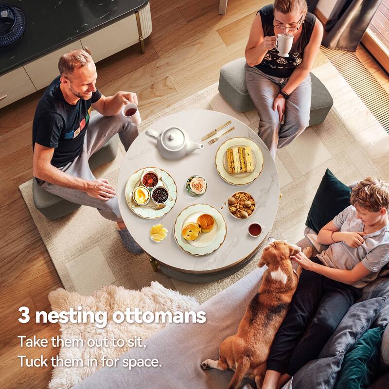 Lift Top Extendable Coffee Table with Hidden Storage and 3 Ottomans