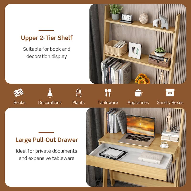 2-Tier Ladder Shelf Desk Freestanding Computer Desk with Storage Shelf