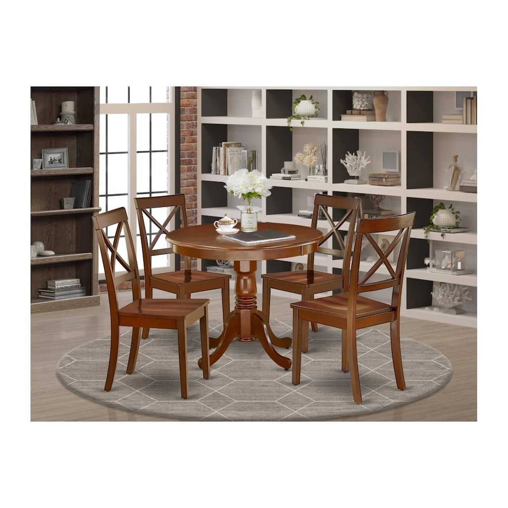 HomeStock 5-Pc Round Mahogany Finish Solid Wood Top Dining table with 4-Chairs
