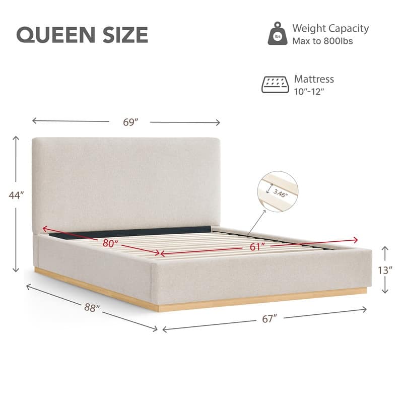 Spruce & Spring Modern Boucle Upholstered Platform Bed with Solid Wood Frame