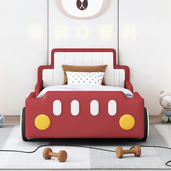 slide 2 of 17, Race Car-Shaped Platform Bed, PU Leather Upholstered Grounded Bed, Wood Low Profile Panel Bed with Wheels Red - Twin