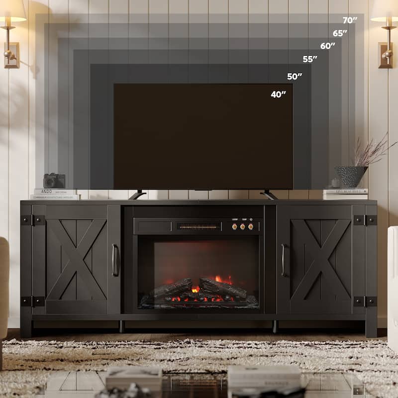 Bestier 63" Fireplace TV Stand for TVs, Farmhouse Barn Door Entertainment Center with Electric Heater, Adjustable Shelves
