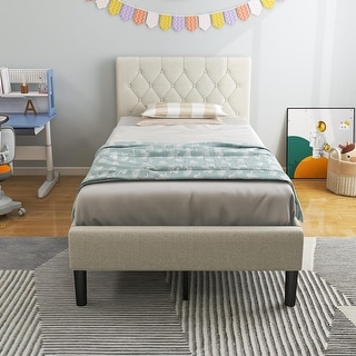 Twin Bed Frames for Kids Upholstered Platform Bed w/ Tufted Headboard