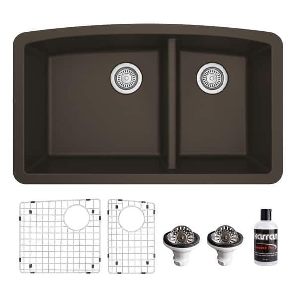 slide 2 of 63, Karran Undermount Quartz 32 in. 60/40 Double Bowl Kitchen Sink Kit Brown