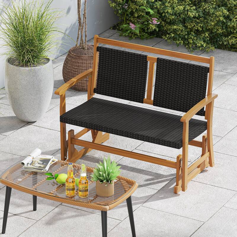 Gymax Patio Rattan Glider Bench Swing Gliding Rocker for 2 w/ Acacia