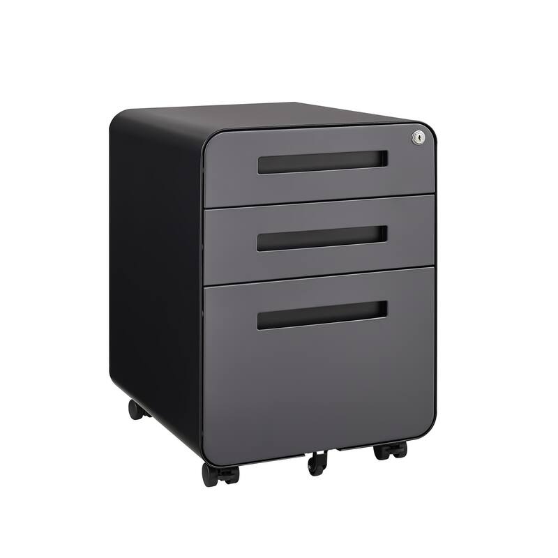 Rounded 3 drawer mobile filing cabinet, 5-wheel design with anti tilt cold-rolled steel material - DARK GREY