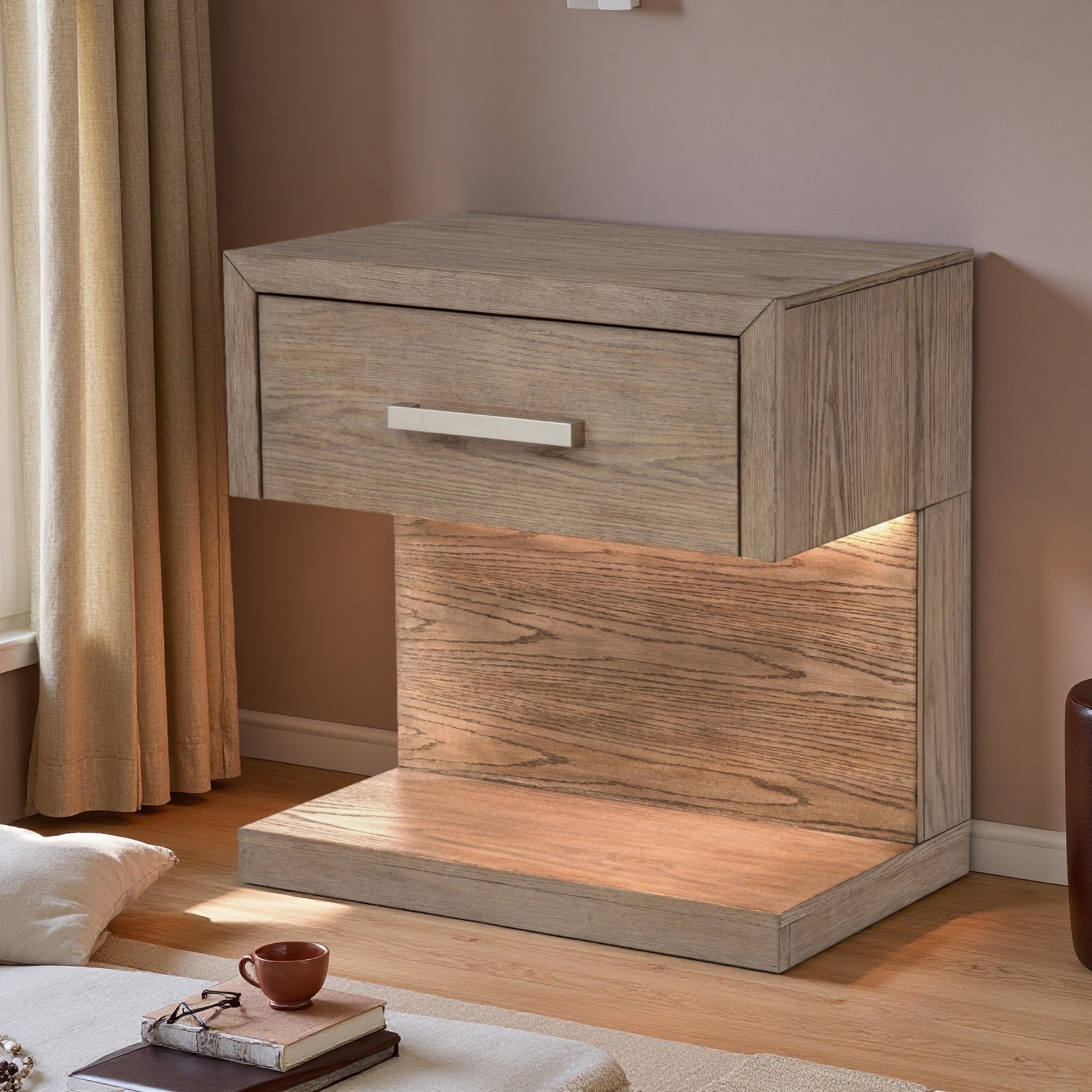 26"L Metal Nightstand with 1 Drawer, Built-In LED Light - Soft Barley Brown Bedside Table with Open Shelf