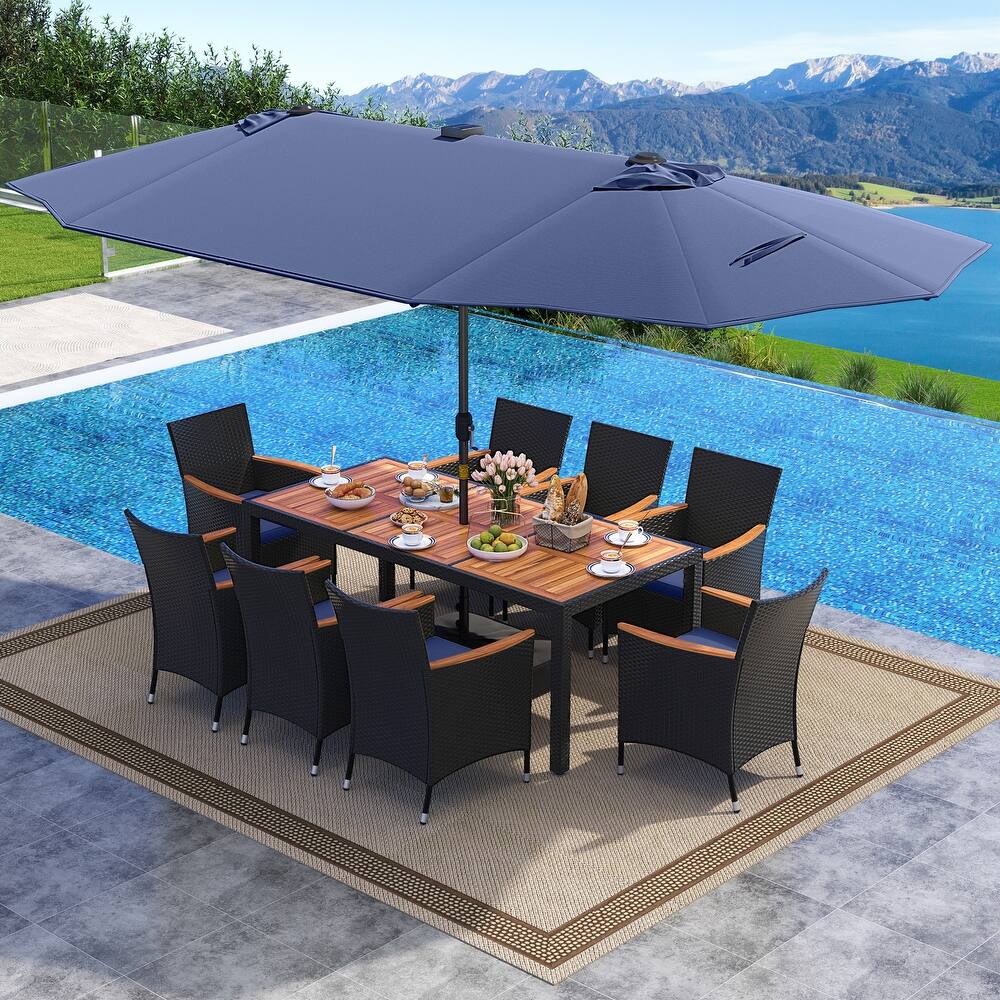 Gymax 11 PCS Patio Dining Set w/ 15ft Double-Sided Patio Umbrella