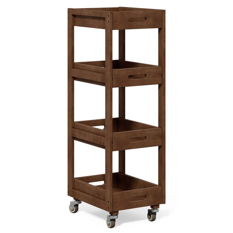 4-Tier Solid Wood Storage Cart, Narrow Kitchen Rolling Carts on Wheels