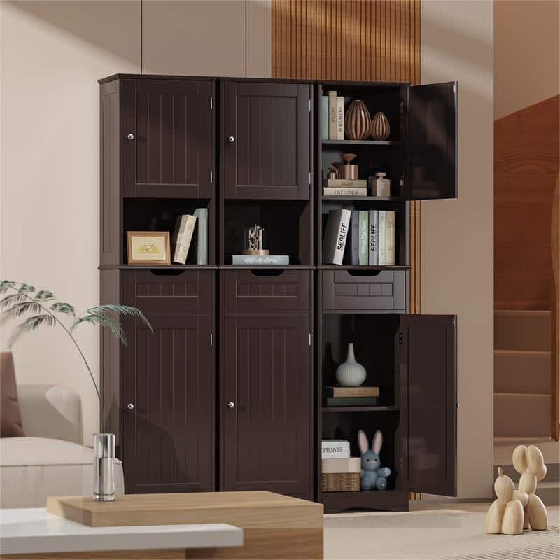 67" H Tall Bathroom Cabinet Narrow Linen Tower, Storage Cabinet with 2 Doors & Drawer