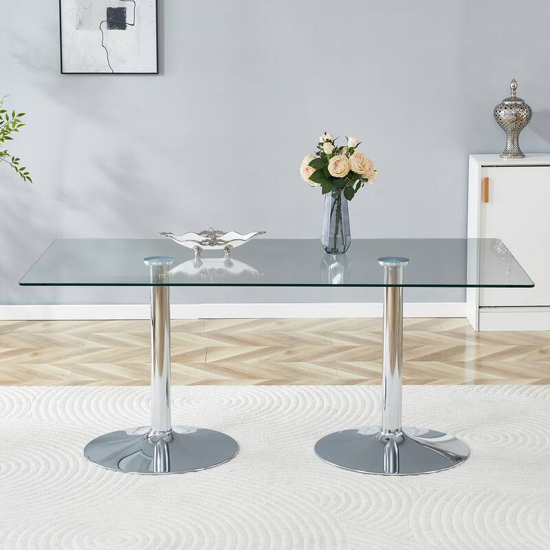 Rectangular Glass Top Dining Table with Metal Legs Modern Minimalist Design