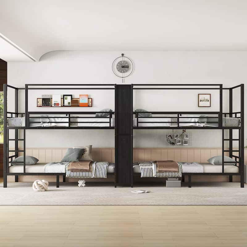 GDFStudio - Aurora Quadruple Metal Bunk Bed with Storage Shelves, Space-Saving Bunk Bed Frame with Noise-Free Durable Design - Black + Twin