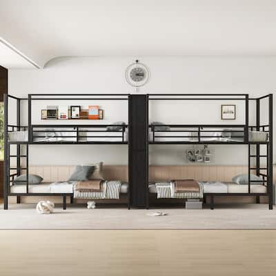 Quadruple Metal Bunk Bed with Built-in Storage Shelves and Wardrobe