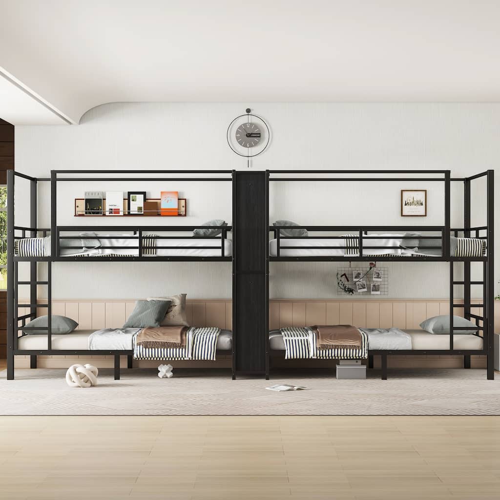 Twin Size Quadruple Metal Bunk Bed with Storage Shelves Wardrobe Noise reduced Black