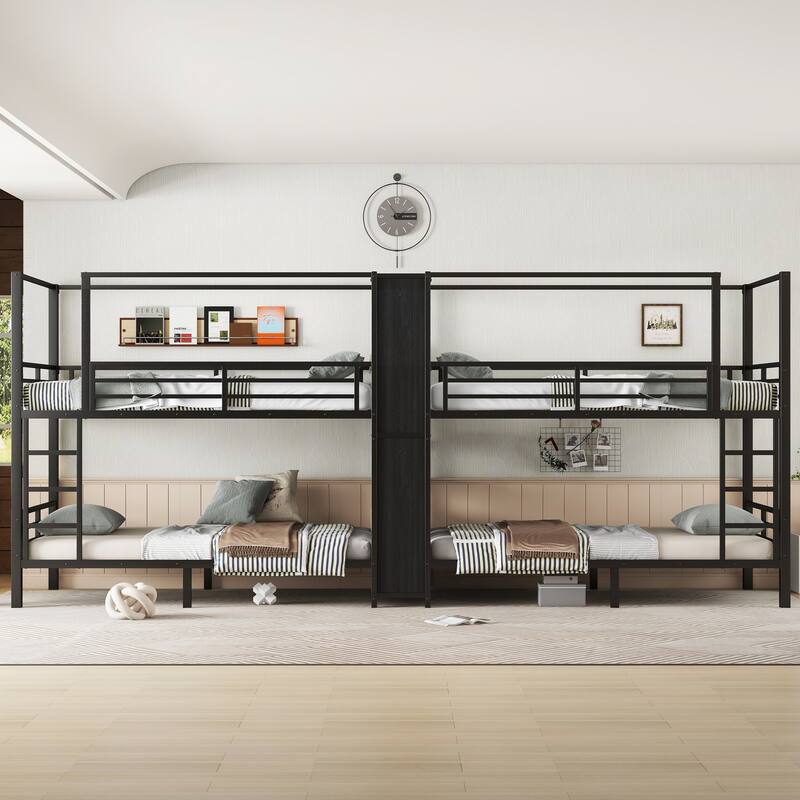 Twin size Quadruple Metal Bunk Bed,Metal Bunk Bed with Built-in Storage Shelves & Wardrobe,Sturdy Metal Frame - Black