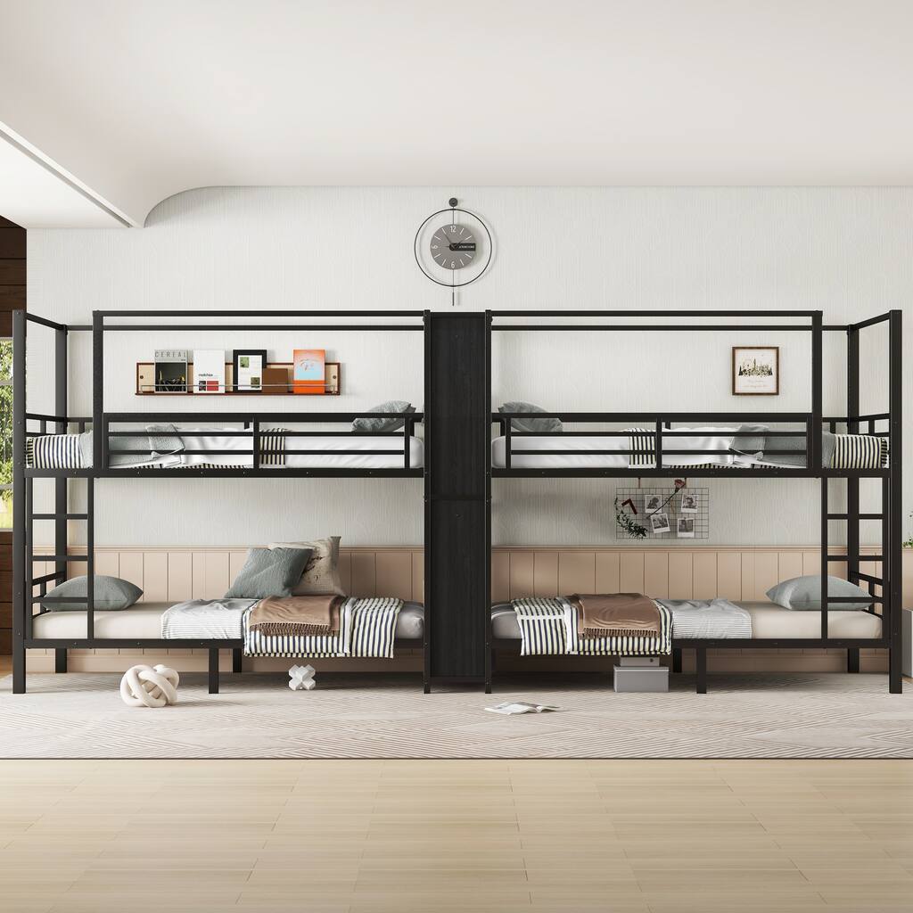 Twin size Quadruple Metal Bunk Bed,Metal Bunk Bed with Built-in Storage Shelves & Wardrobe,Sturdy Metal Frame