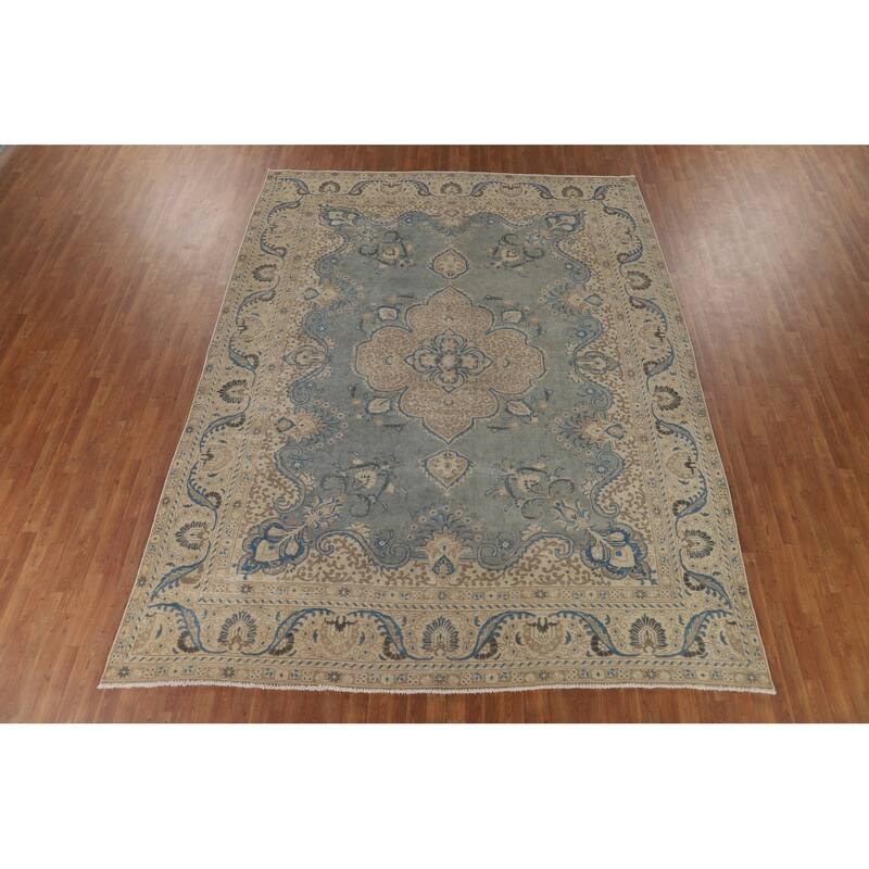 Distressed Blue Tabriz Vintage Persian Area Rug Handmade Wool Carpet - 9'7" x 12'2"