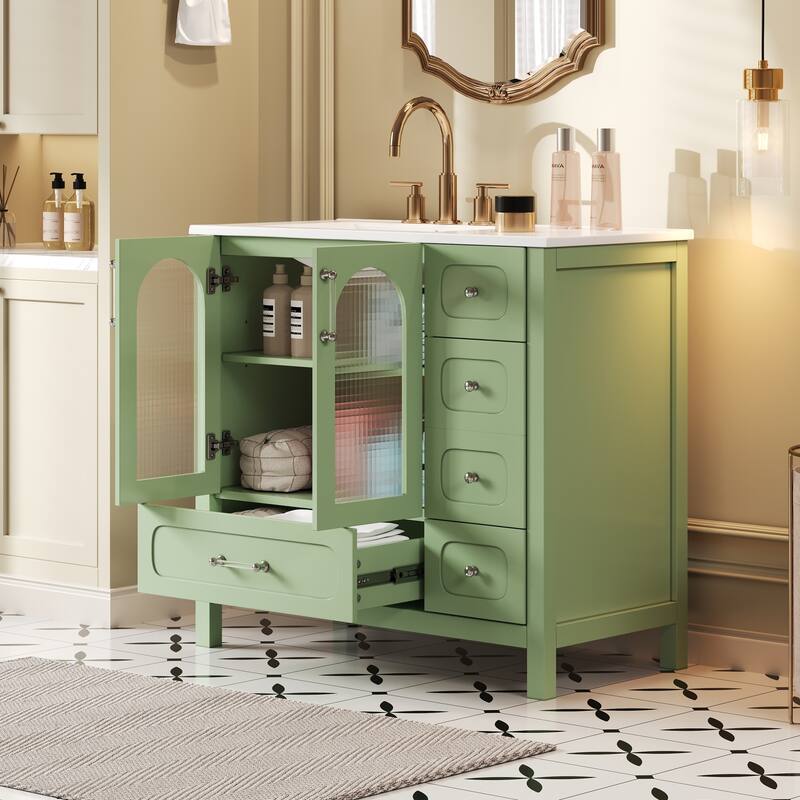 36" Bathroom Cabinet with Waffle Texture Doors,Bathroom Vanity with Four Drawers and Two Soft-Closing Doors with Glass Doors