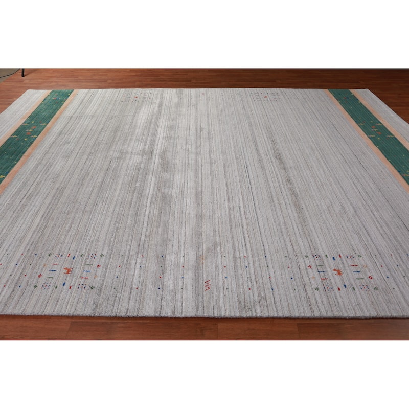 Hand Knotted Oriental 100% Wool Carpet Tribal Stripe Greys & Charcoal Gabbeh Area Rug - 12' 6'' X 9' 2''