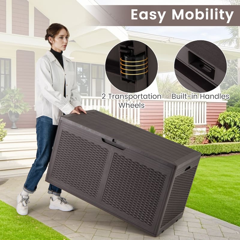 100 Gallon Outdoor Lockable Lid Deck Box with Wheels and Bench Seating for Patio Storage or Backyard Use