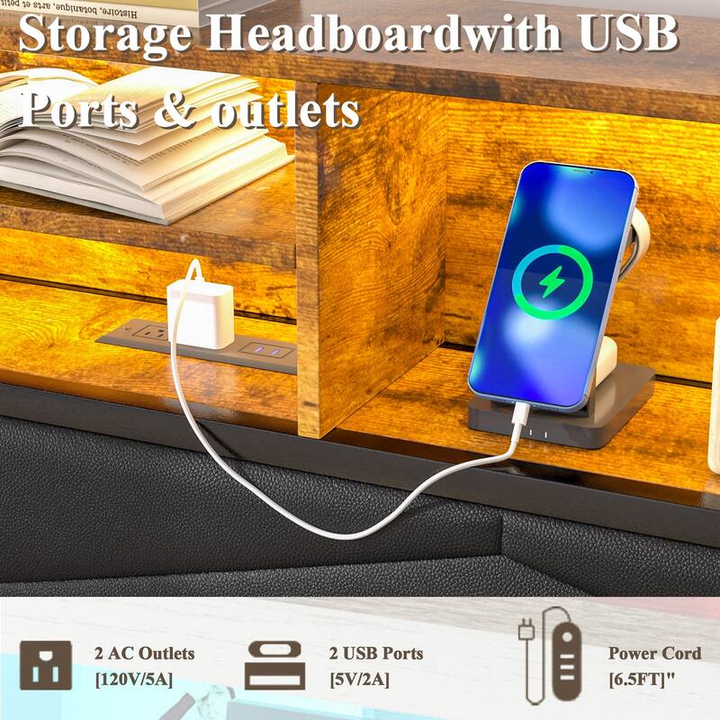 VECELO PU Leather Smart Bed Frame with RGB LED Lights and Bookcase Storage USB Outlet Charging Headboard No Box Spring