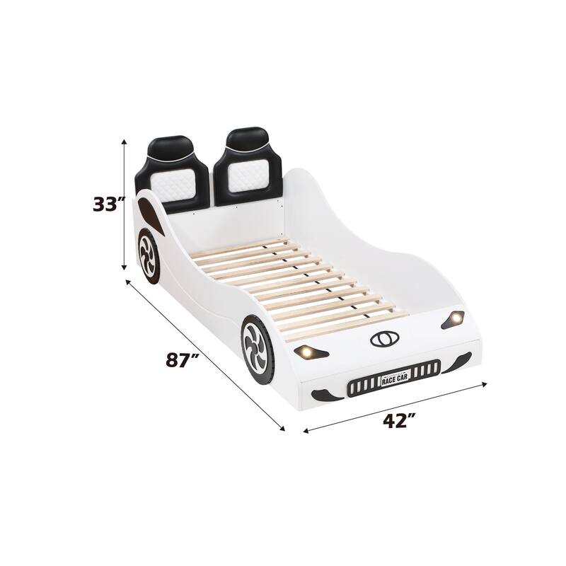 Twin Size Race Car Platform Bed with LED Lights and Upholstered Headboard