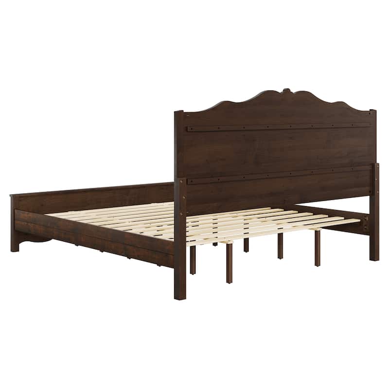 Traditional Solid Wood Bed Frame with Queen/King Size Platform Bed with Headboard for Bedroom