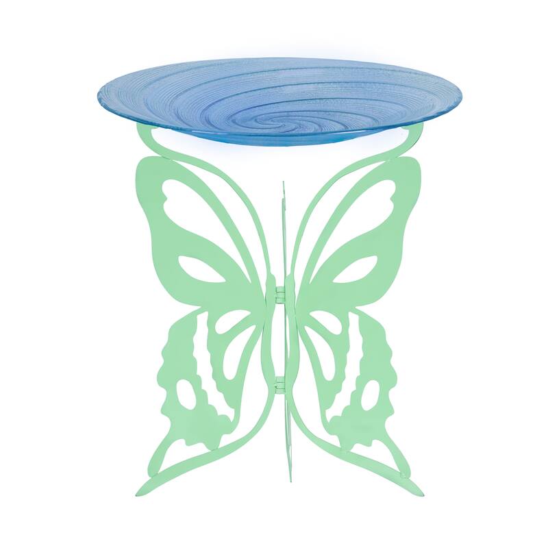 25 in. Laser Cut Bird Bath Stand with Glass Embossed Bird Bath Set, Butterfly