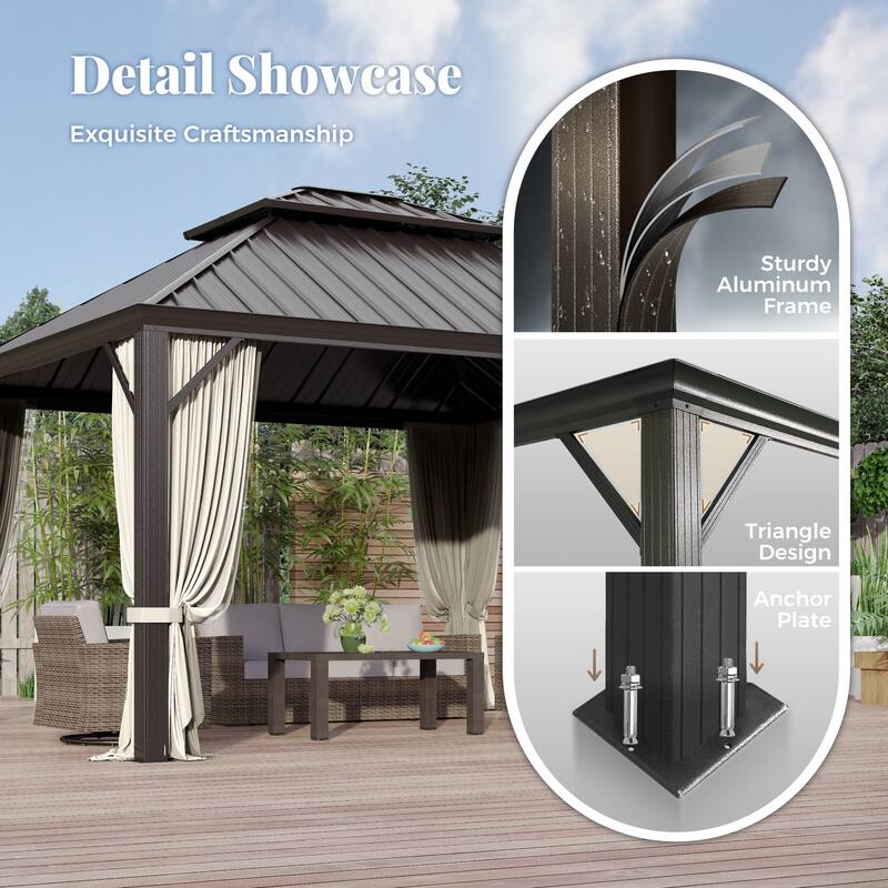 MAISON ARTS 14x20' Hardtop Aluminum Galvanized Steel Double Roof Gazebo with Netting & Curtains