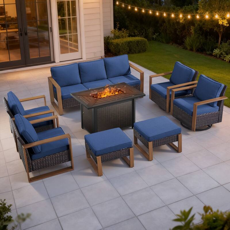 Meyreso Wicker Outdoor Patio Metal Fire Pit Set with Swivel Gliders and Olefin Cushions - Brown / Navy Cushions - 8-Piece