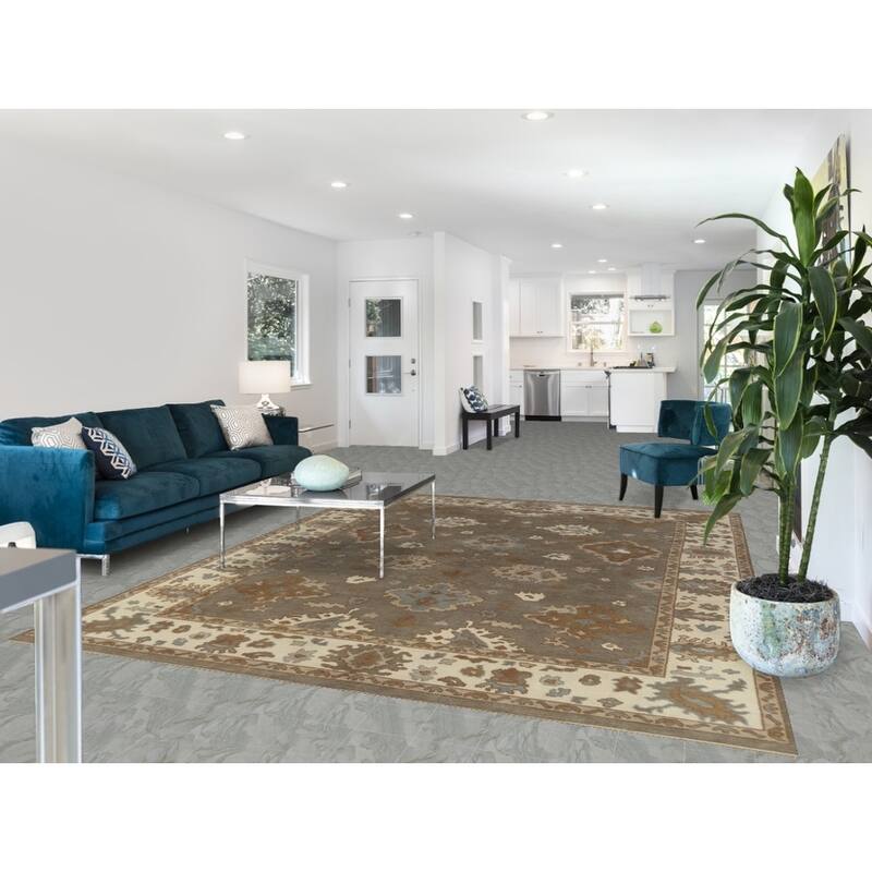 Gray Oushak Indian Area Rug Handmade Floral Transitional Wool Carpet - 7'11" x 10'1"