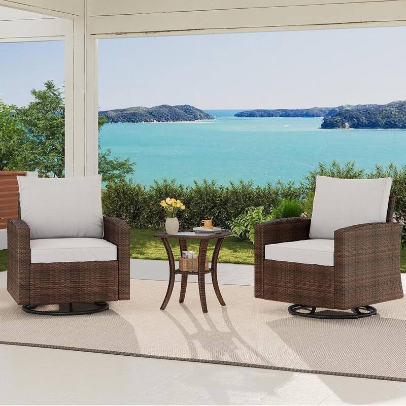 3 Piece Outdoor Swivel Glider Rocker Patio Chairs for Porch, Balcony, Deck - 3PCs - Brown