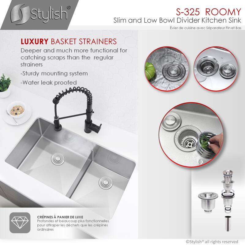 STYLISH 32 L inches x 18 W inches Stainless Steel Double Basin Low Divider Undermount Kitchen Sink with Grids and Strainers