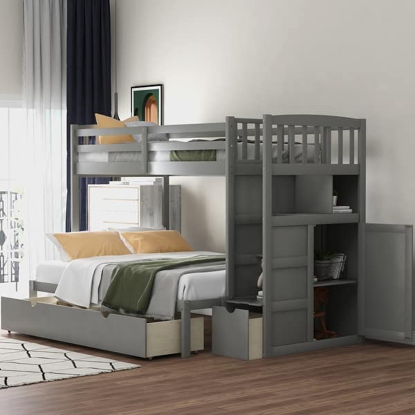 slide 2 of 31, Cottage Style Twin over Full/Twin Bunk Bed,Convertible Bottom Bed,Drawers and Storage Staircase with Shelves Gray