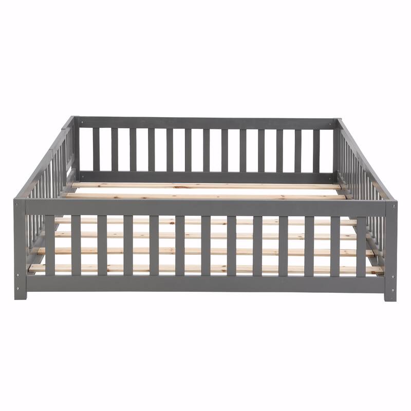 Solid Wood Platform Bed Frame with Floor Bed Design and Fence