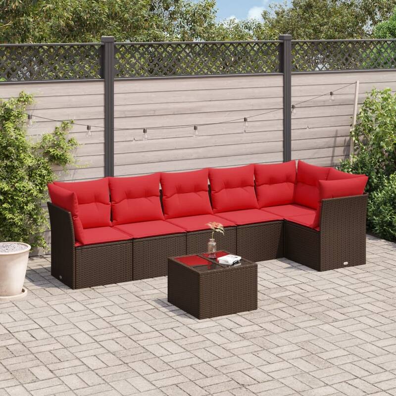 vidaXL 6/7 Piece Patio Sofa Set with Cushions Brown/Gray Poly Rattan - 21.7 x 24.4 x 27.2 - Brown and red With table