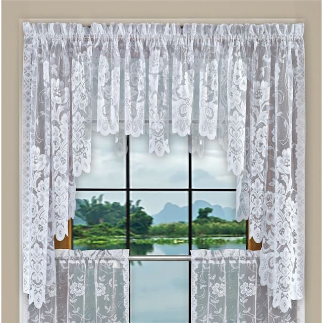 Floral Lace Kitchen Curtain, Cafe Tier, Valance or Swag Curtain - White - 28'' x 32'' Swag Pair
