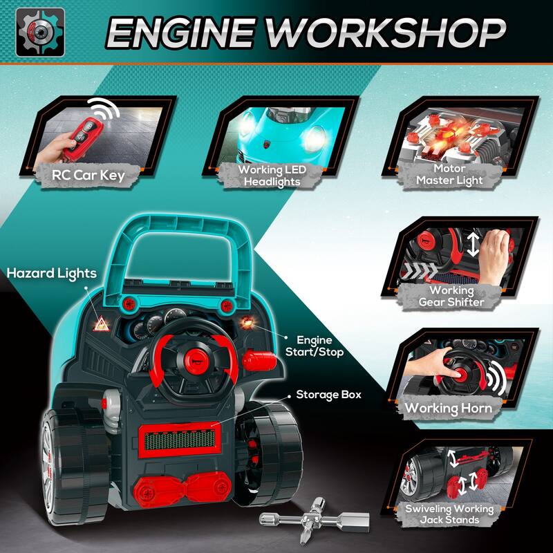Kids Engine Repair Workshop Toy Set with 61 Pieces, Steering Wheel, Horn, Light, and Simulated Car Engine for Ages 3-5 - Teal