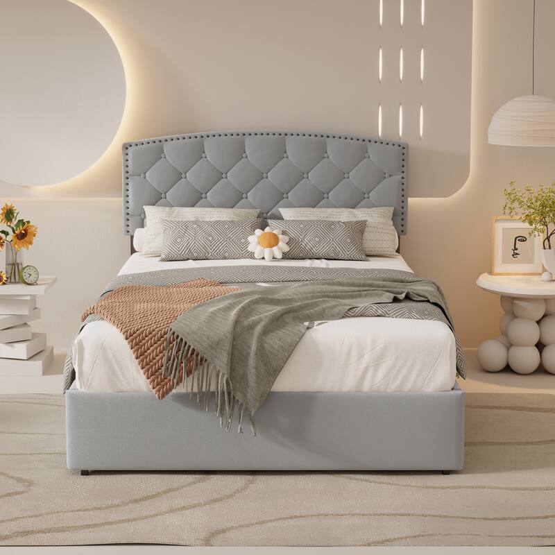 Queen Size Storage Platform Bed with 2 Big Drawers - Light Grey