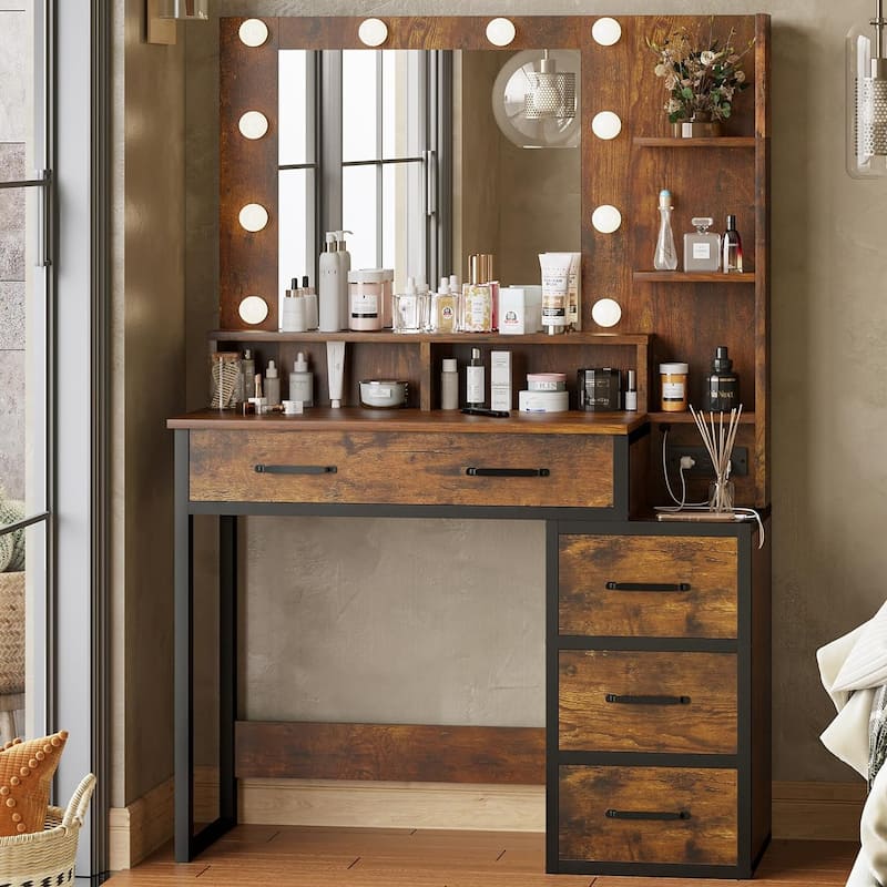Makeup Vanity Desk 10 Light Bulbs Storage Shelves 5 Drawers - Brown