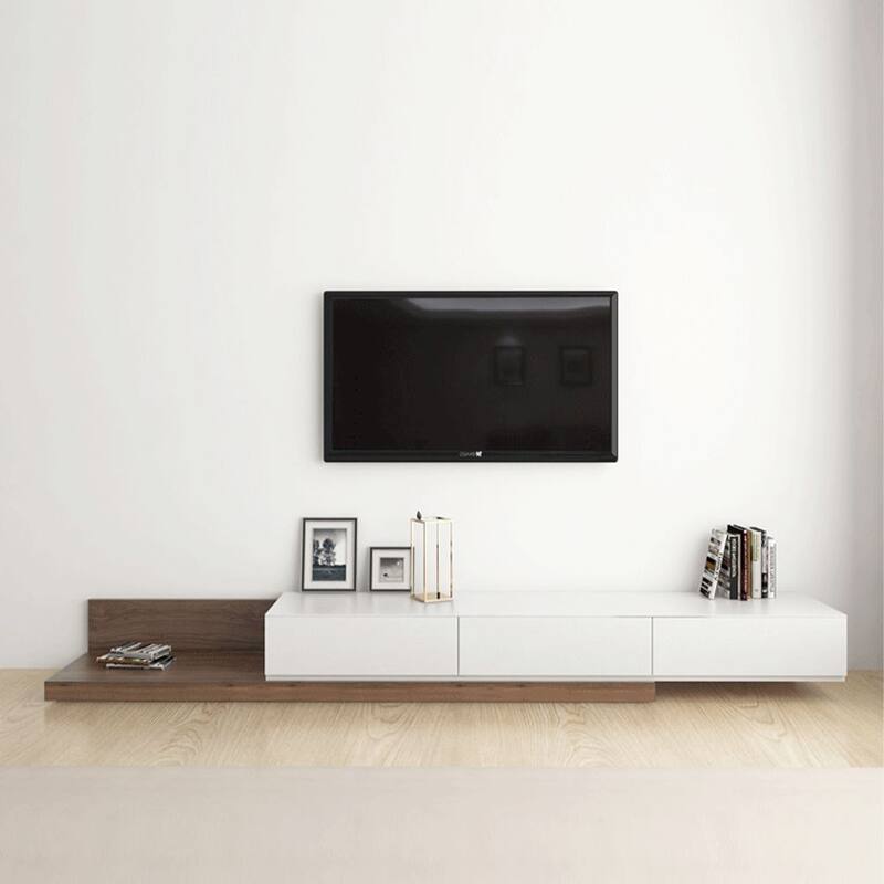 Modern Extendable TV Stand, Solid Wood Media Console for Up to 100 Inch TV with 3 Drawers, Fully-Assembled, Walnut Veneer