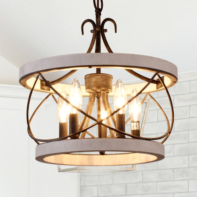 Cusp Barn 15.7 Inch Farmhouse Drum Wood Chandelier, 5-Light Rustic Over Table Chandelier Light Fixtures for Kitchen Island Foyer - Distressed White - 15.7 Inch