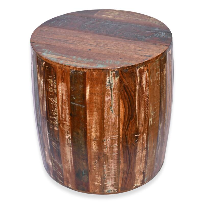 Reclaimed Wood round Drum Barrel shaped 18 inch Side table, Accent Table, End Table or Plant Stand. - Rustic Natural Finish
