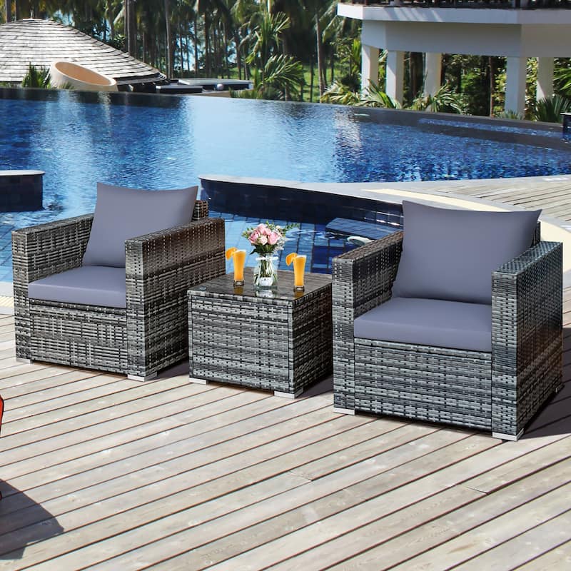 Costway 3 PCS Patio Rattan Furniture Bistro Set Cushioned Sofa Chair - See Details