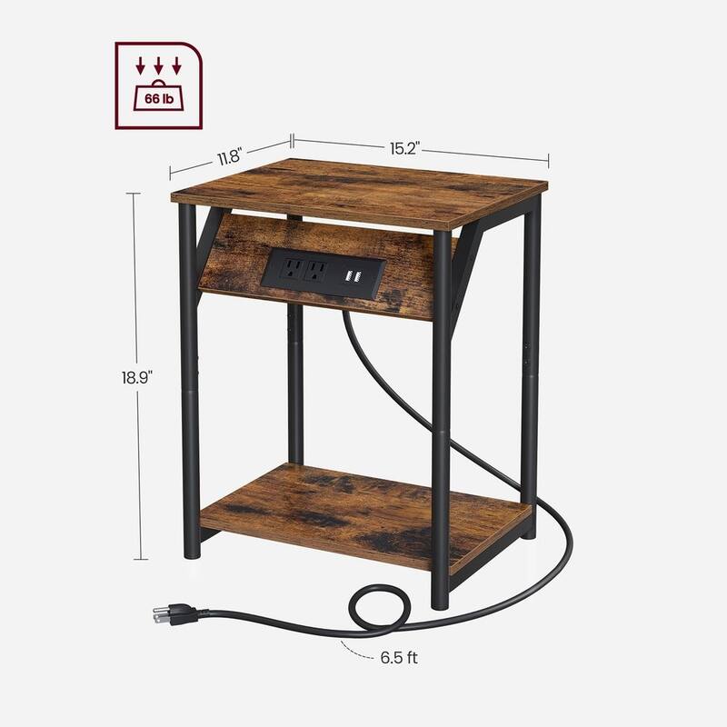 Rustic Brown Wood End Table with Charging Station, Storage Shelf, and USB Ports - 11.8”D x 15.2”W x 18.9”H