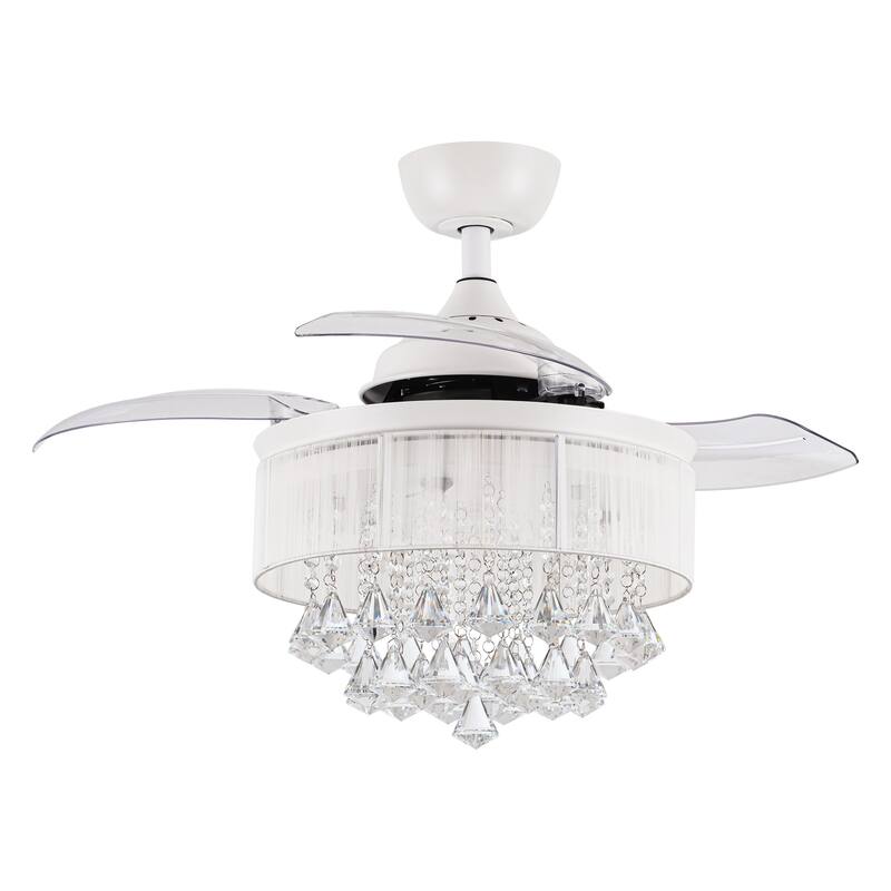 36" Modern White Crystal Retractable Ceiling Fan with Light Kit and Remote - 36" W x 36" D x 22" H
